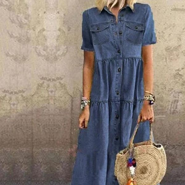 

retro women rompers short sleeve turn down collar pockets button long loose denim dress, Black;white