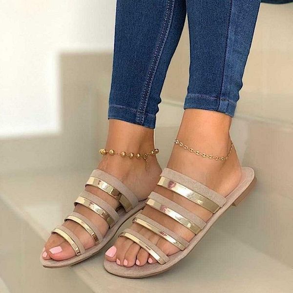 

women summer sandals flats shoes woman slippers slides shiny metal open toe sandalias large size zapatillas mujer, Black