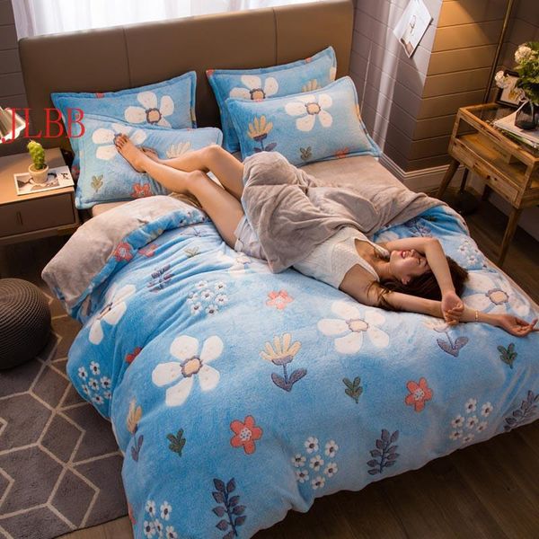 

bedding sets 3d flannle fleece set winter warm printed cashmere duvet cover 4pcs snowflake velvet bedclothes blue flower