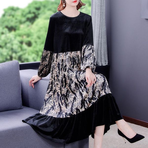 

casual dresses 021 autumn female vintage loose velvet midi winter print 4xl plus size dress women elegant bodycon party vestido, Black;gray