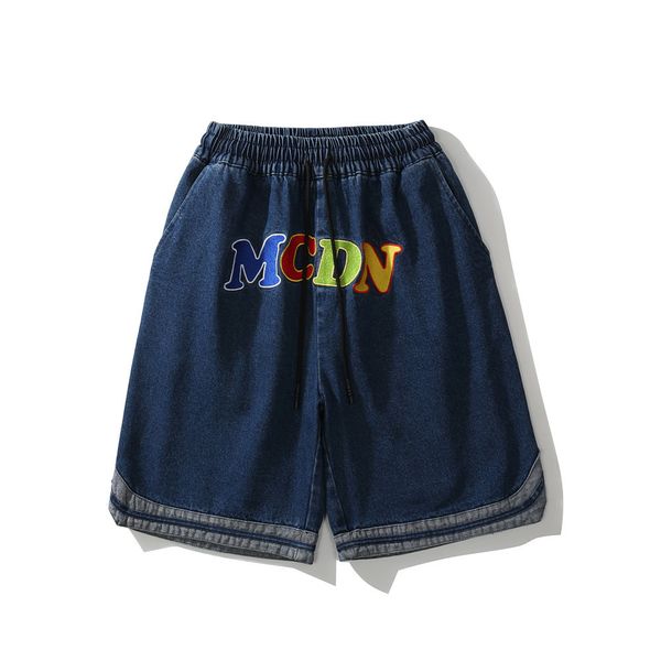 

fashionable shorts lettered embroidery denim men's high street brand contrast splicing capris summer trend loose pants, White;black