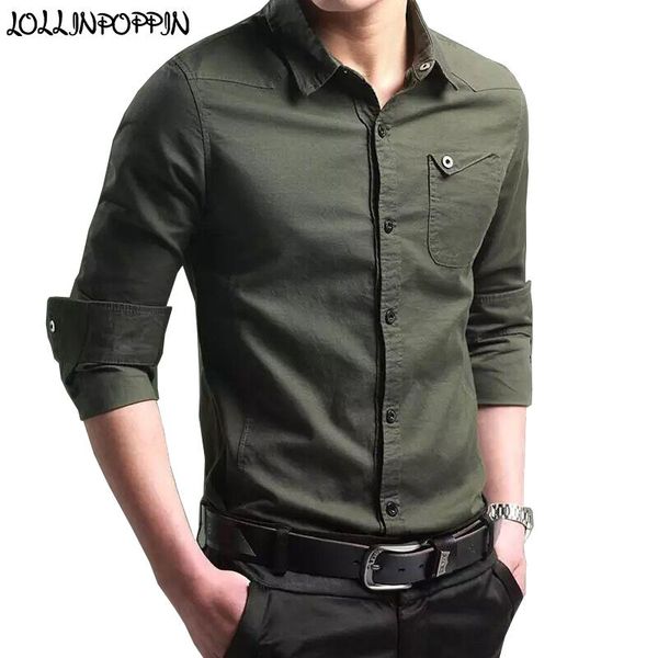

men 100% cotton long sleeve casual shirt turn down collar single breasted military style shirts solid color chest pocket men's, White;black
