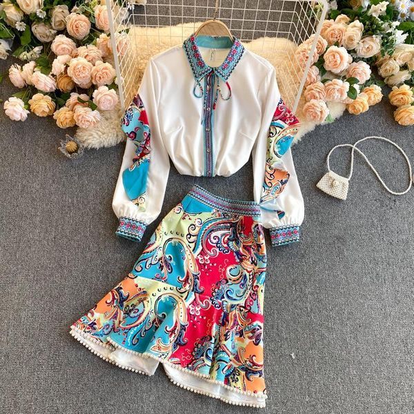 

two piece dress european and american design sense printed ruffled shirt women wild heavy-duty beaded fishtail skirt fashionable two-piece s, White