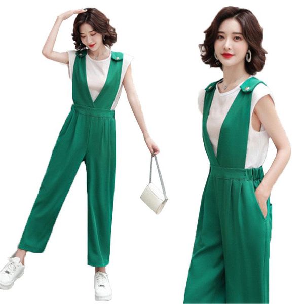

women's two piece pants women summer set 2021 female simplicity generous suit ladies t-shirt+rompers 2 lady elegant outfit b1063, White