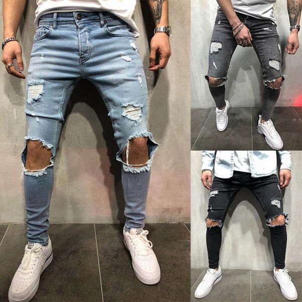 

men's jeans men ripped holes casual black blue skinny slim fit denim pants biker hip hop with holel