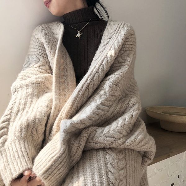 

luxury ets 2021 knitted cardigan simple autumn and winter thickened loose twist long women's sweater coat, Black;brown