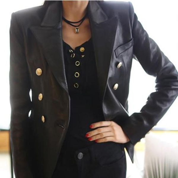 

women's leather & faux pu suit jacket womens double breasted ol lady work wear slim coat, Black