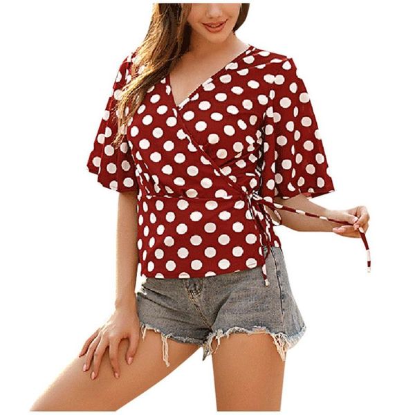 

women's polka dot knot front blouse plus size v neck short sleeve shirt bow summer female tee women clothing blouses & shirts, White