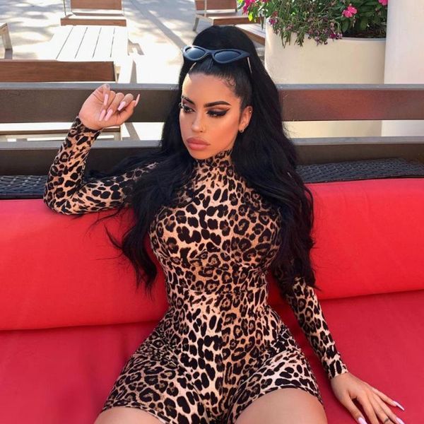

women's jumpsuits & rompers leopard jumpsuit women fashion turtleneck long sleeve bodycon tight shorts female nightclub bodysuits, Black;white