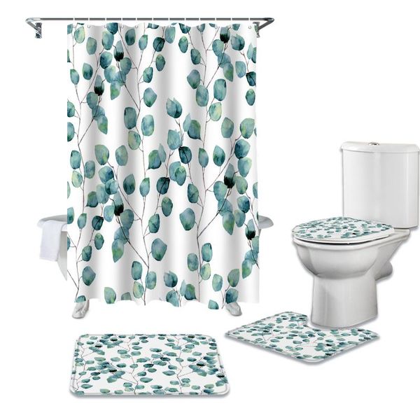 

shower curtains green leaves branches bathroom curtain set bath mat sets with hooks non-slip pedestal rug toilet cover