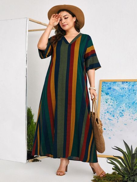 

plus colorblock striped print v neck maxi tunic dress y1h1#, Black
