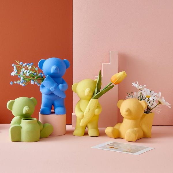 

vases creative bear vase dried flower container pot resin crafts home living room decoration desk decor ornaments