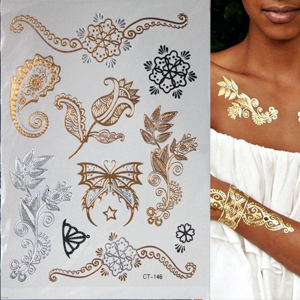 

temporary tattoos flash metallic waterproof tattoo gold silver tatoo women henna flower taty design sticker