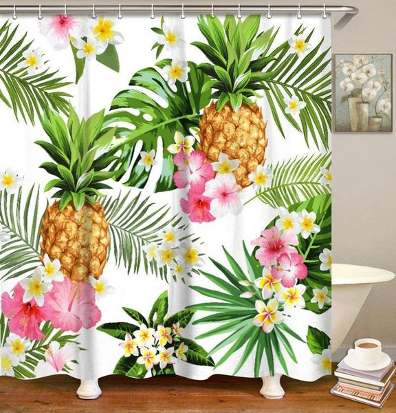 

tropical summer shower curtain pineapple set with 12 hooks bathroom decorative green leaves pink flowers waterproof fabric curtains