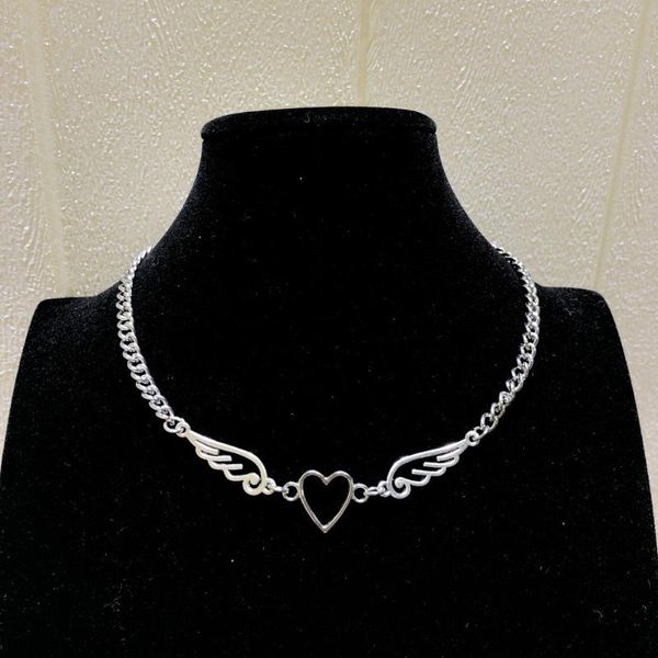 

pendant necklaces punk hollow out heart feather metal choker necklace for women girl hip hop harajuku angel trendy jewelry, Silver