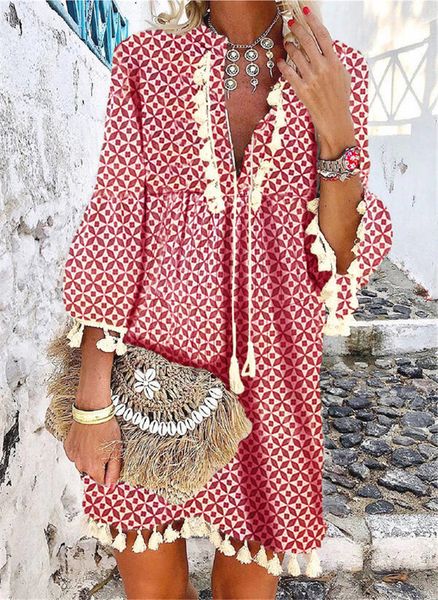 

2021 summer v neck tassel beach dress spring vintage floral print 3/4 sleeve party women casual loose a-line, Black;gray