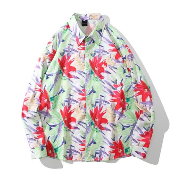 

men's casual shirts brand harajuku hip hop graffiti flower floral print shirt streetwear men fashion blouse long sleeve, White;black
