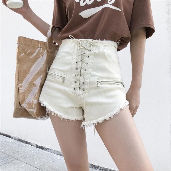 

women's jeans high-waist straight denim shorts 2021 summer cats must be pleated casual slim-fit tie-zip girl, Blue