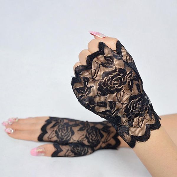 

five fingers gloves flower lace women figerless short driving ladies transparent half finger fishnet luva sunscreen party, Blue;gray