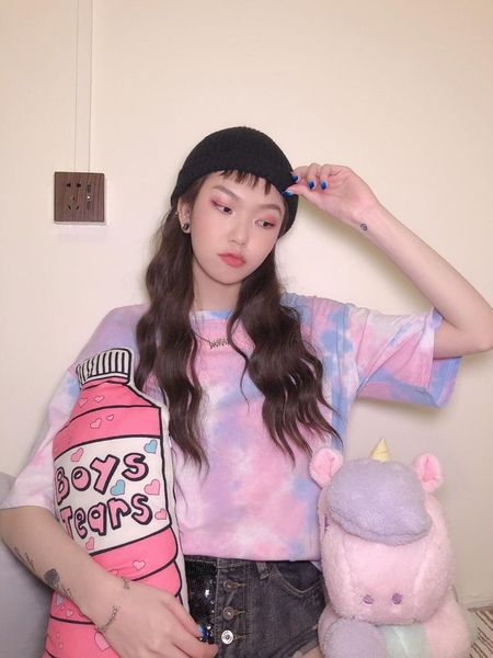 

summer women's harajuku gradient color tie-dye short-sleeved t-shirt female students korean loose ins unisex, White