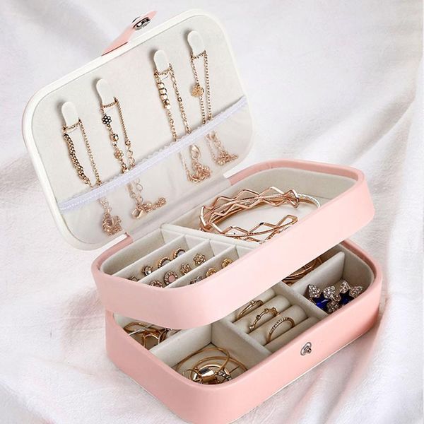 

jewelry box double layer buckle casket necklace storage exquisite portable makeup necklaces beauty travel pouches, bags, Pink;blue