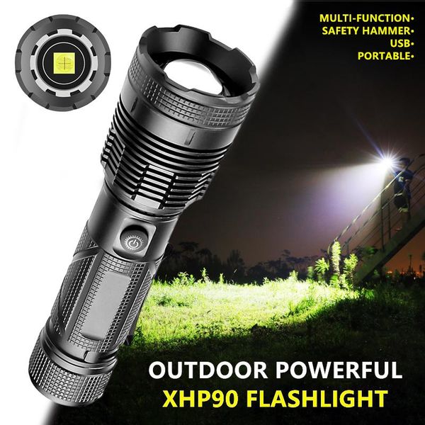 

flashlights torches xhp90 1800 lumens waterproof usb rechargeable zoom torch with safety hammer clip for outdoor lighting