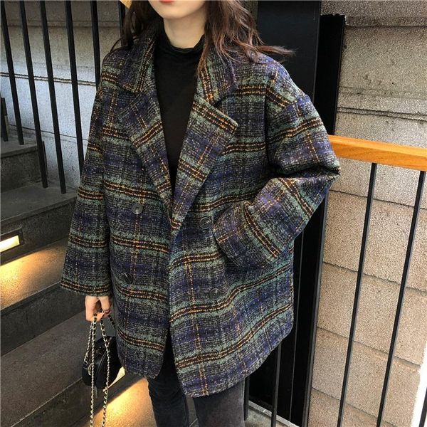 

women's wool & blends winter women thicken jacket eleagnt notched double breasted medium length woolen overcoat loose all-match office, Black