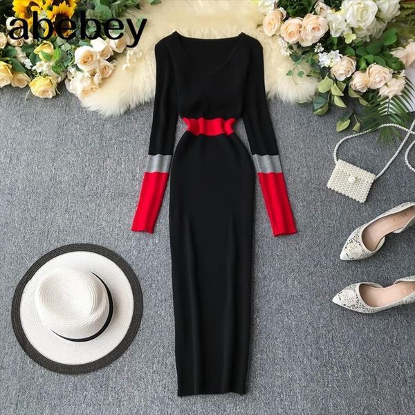 

autumn winter sweater fashion patchwork women dress v neck slim elastic warm bodycon pullovers knitting, Black;gray