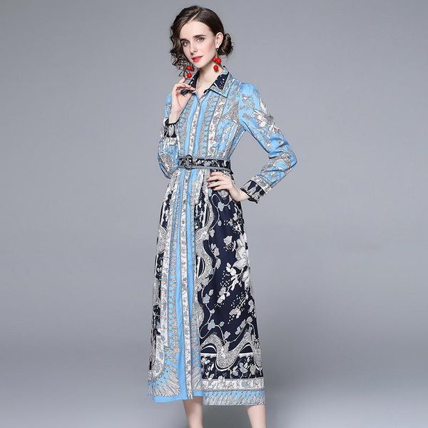 

casual dresses autumn runway blue contrast print flower shirt dress women's bow tie full sleeve vintage belt long vestidos k1205, Black;gray