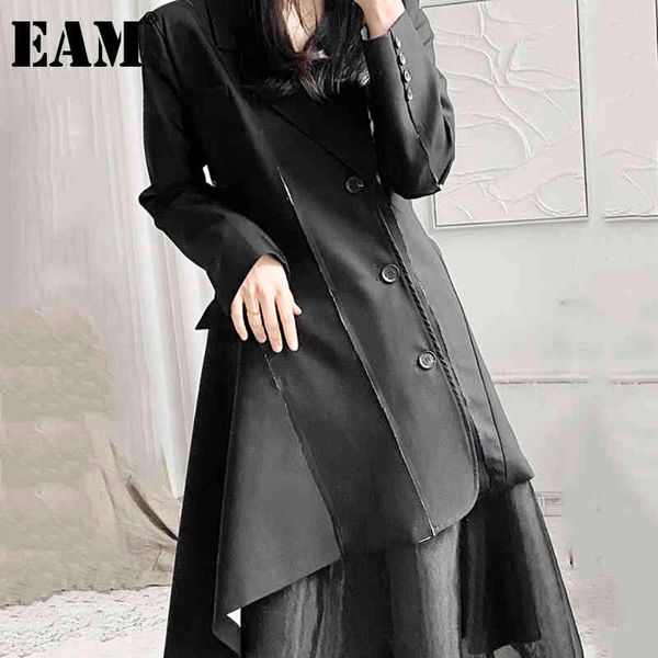 

[eam] women black asymmetrical long blazer lapel long sleeve loose fit jacket fashion spring autumn 1dd6135 21512, White;black