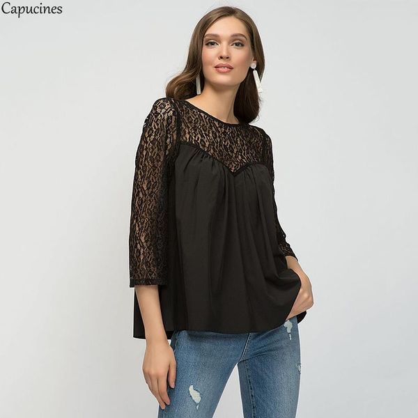 

women's blouses & shirts capucines black lace stitching shirt blouse women spring autumn 3/4 sleeves casual loose elegant office wear, White
