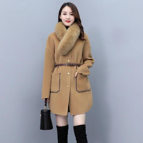 

women's wool & blends autumn winter fashion detachable fur collar woolen coat women korean teemperament pockets outwear s1758, Black
