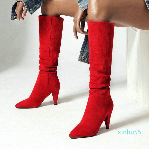 Botas de marca design mulheres joelho alto pico salto apontado toe moda plissado sapatos femininos preto vermelho bege