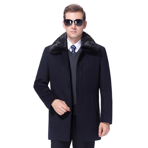 

men's wool & blends 2021 winter men coat warm jacket woolen cashmere peacoat detachable fur collar 90% white duck down filler, Black