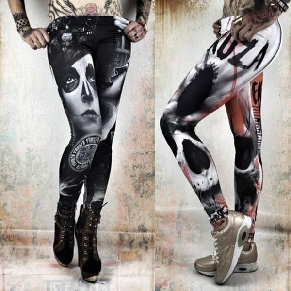 

women's leggings [you're my secret] punk style 2021 summer breathable pants gothic skull grunge leggins mid waist push-up legging, Black