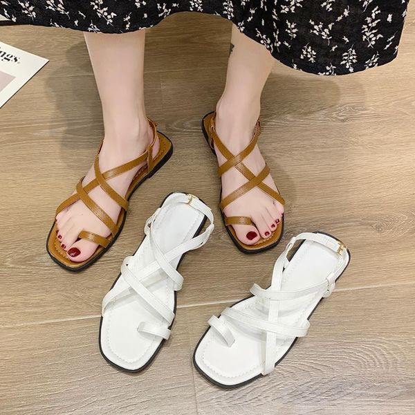 

sandals low woman leather shoes lady 2021 flip flops platform clear heels suit female beige soft cross all-match low-heeled, Black