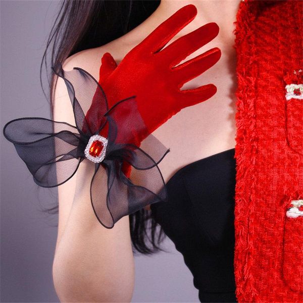 

five fingers gloves red velour short women 22cm transparent wave mesh snow yarn hard ribbon oversized bow jewel diamond chain female, Blue;gray