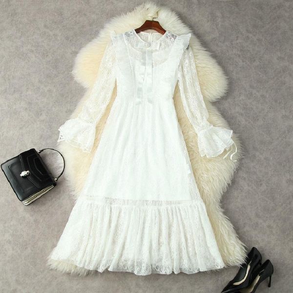 

casual dresses 2021 autumn fashion lace dress women beading bow deco flare sleeve white black elegant vestidos robe, Black;gray