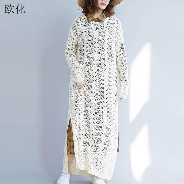 

casual dresses plus size white knitted dress 2021 spring hollow out embroidery maxi cotton sweater vestidos female, Black;gray