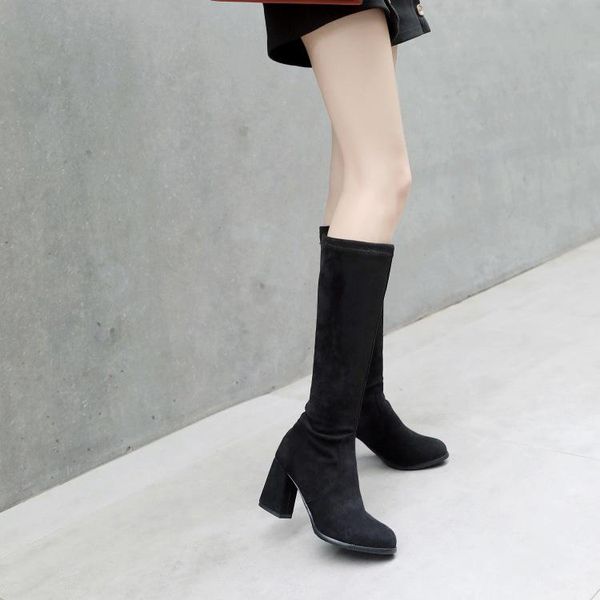 

big size round-headed, thick-heeled, high-heeled sleeve elastic cloth and calf mid-barrel fashion boots, Black