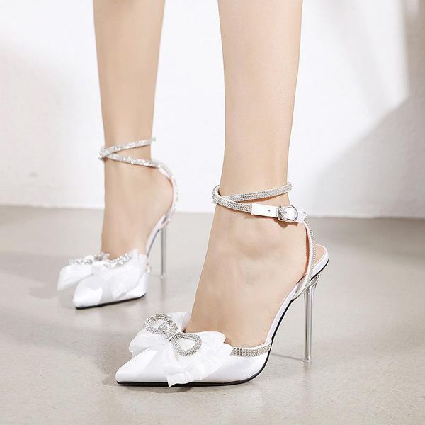 

european and american fashion women's shoes crystal stiletto heel bow rhinestone pointed sandals 35-40 dress, Black