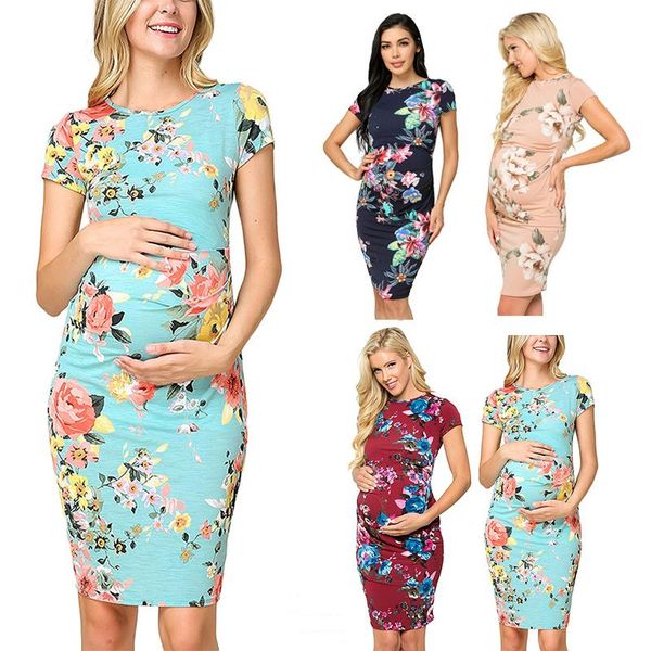 

women maternity dresses fashion short sleeve o-neck printed pregnant dress flower patry clothes pregnancy clothing, White