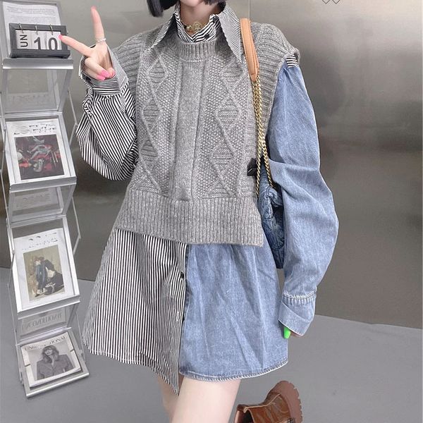 

loose sleeve stitched vest sweater women's design medium long fake two striped shirt, White