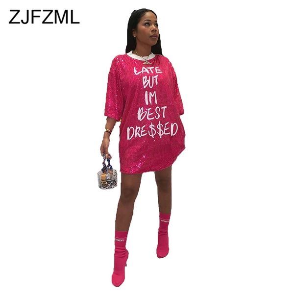 

letter sequin spliced t shirt dress women o neck three quarter sleeve short dress high street female loose club party dress 210331, Black;gray