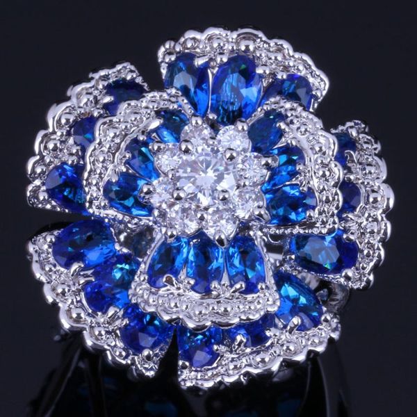 

cluster rings tantalizing huge flower blue cubic zirconia white cz silver plated ring v0534, Golden;silver