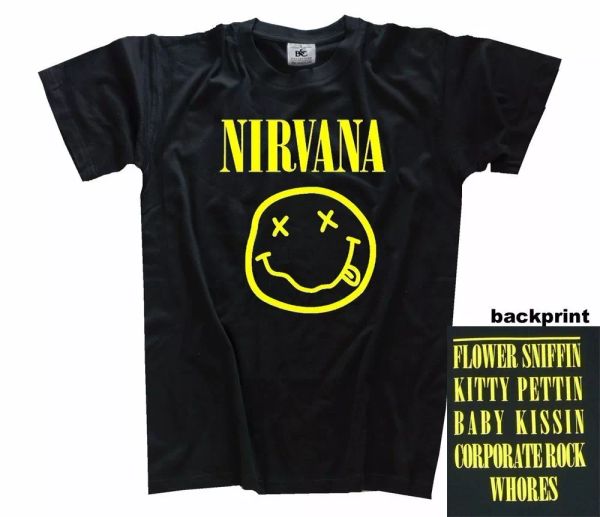 

nirvana smiley flower kissin kurt cobain rock t-shirt s-xxxl, White;black