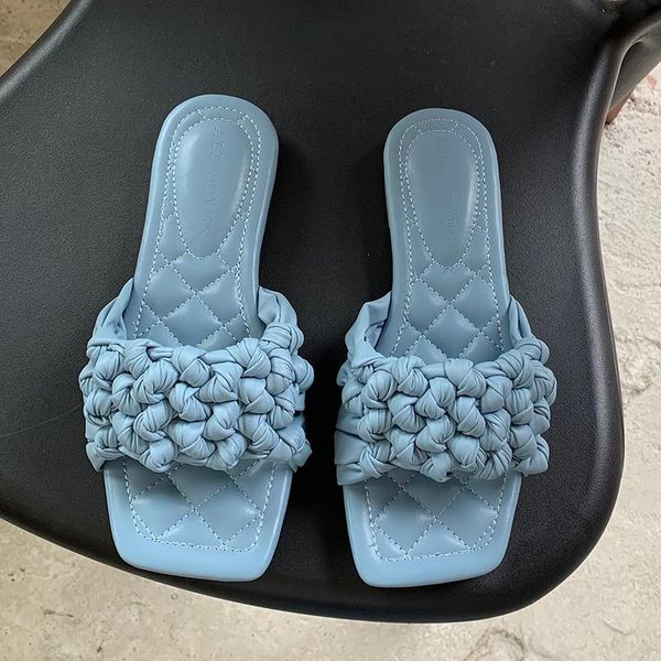 

fashion women green sandals slippers flats heeled slip on mules shoes weave design open toe slides blue, Black