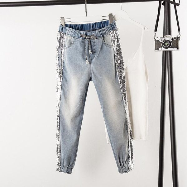 

women's jeans oversize sequin track pants light blue fashion spring 5xl fat slim elastic waist sequins nine