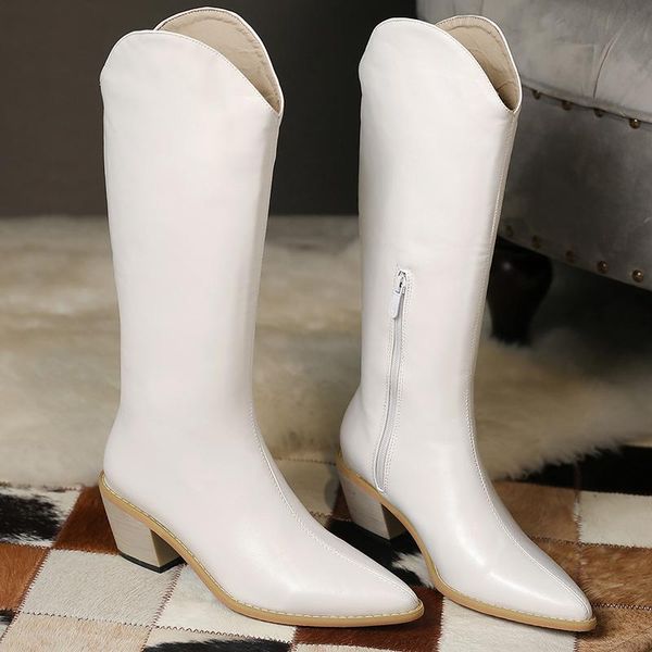 

boots 2021 winter women white high heels wedges long vintage knee thigh designer riding cowboy plus size shoes, Black