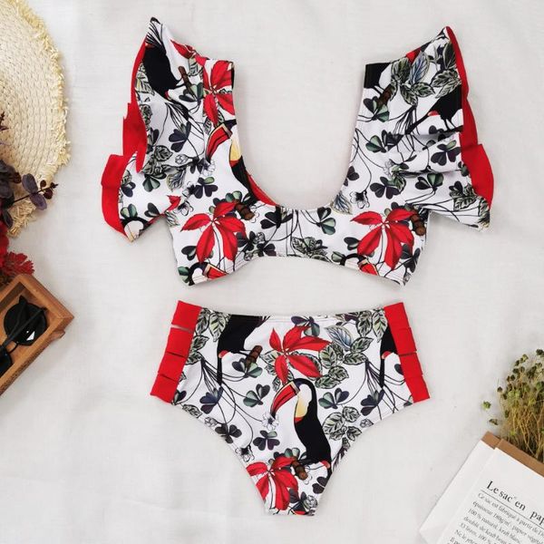 

women swimsuit sissy bow bandage bikini floral printed push up bras bathing suit ruffles bather beach swimwear one-piece suits